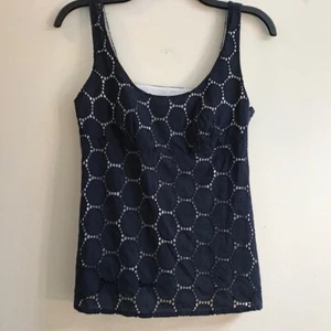 Camiseta sin mangas Ann Taylor LOFT 100 % algodón azul marino y blanco de 2 capas, talla 2, ojales de verano - Imagen 1 de 8