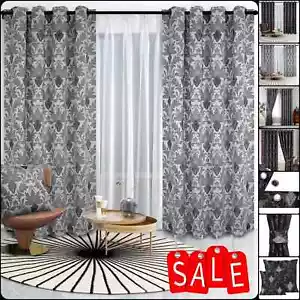 Fully Lined Thermal Jacquard Curtains Eyelet Ring Top Ready Made Pair Curtains* - Picture 1 of 50