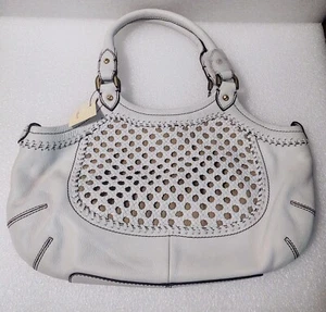 NWT Cole Haan Small Tote White/Choc Paige Crochet Leather Purse - Picture 1 of 17