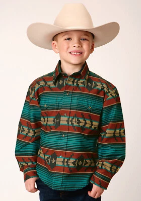 Camisa Roper Niños Niños Verde/Marrón 100% Algodón Ombre Azteca L/S Rayas Foto 1 de 4