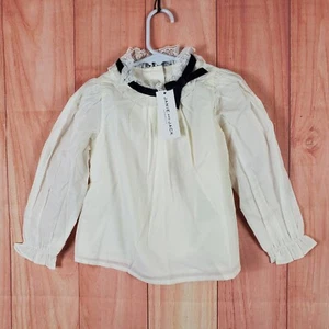 Janie and Jack Girls Blouse Top 3 Cream 100% Cotton Long Sleeve Lace Bow Collar - Picture 1 of 10
