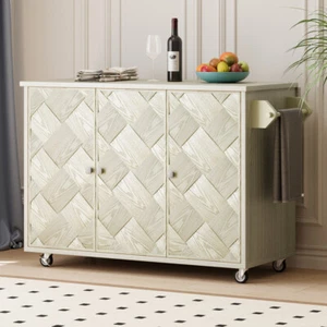 51.2"W Ash Veneer Solid Wood Handwoven Kitchen Island, Rolling Kitchen Cart - Picture 1 of 24