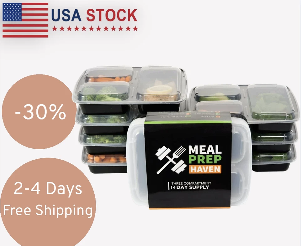 Contenedores de comida de tres compartimentos con tapas Meal Prep Haven - Paquete de 14 Foto 1 de 4