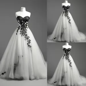 Gothic Sleeveless Wedding Dresses Black Lace Vintage Strapless Bridal Gowns - Picture 1 of 9