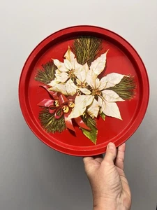 Round Metal Vintage Christmas Serving Drink Tray Poinsettia Breweriana Retro - Picture 1 of 4