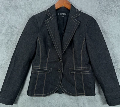 KASPER Womens Petite Black Denim Blazer size 4P Suit Jackets Contrast Stitching - Image 1 of 4