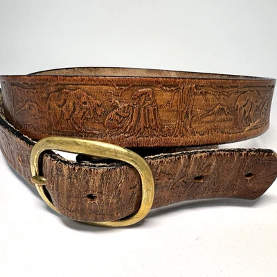 皮革皮带棕色浮雕灰熊黄铜扣尺寸 41 西部复古 — 第 1/4 张图片