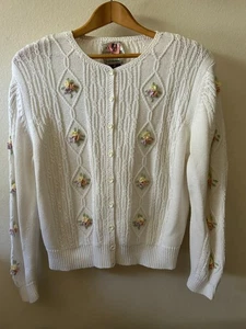 Lord and Taylor Vintage Bordado a Mano Cárdigan Tejido Blanco Suéter Mujer M - Imagen 1 de 4