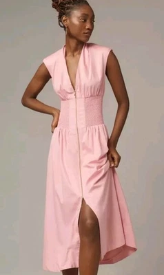  Anthropologie Maeve Tommie Cap-Sleeve Smocked Front-Zip Shirt Dress Pink XL NWT - Image 1 of 3