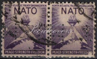 Perfins USA 1952, Sc1008 2x 3c Nato. Used MT - Image 1 of 3