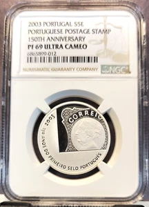 2003 PORTUGAL SILVER 5 EURO 1ST POSTAGE STAMP ANNIV NGC PF 69 ULTRA CAMEO SCARCE - Picture 1 of 3