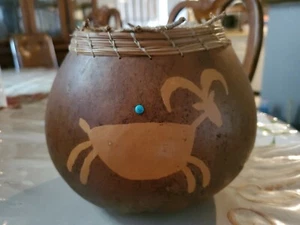 Signed Rock Art Gourd "Mountain Sheep" Handcrafted All Natural Materials Decor - Picture 1 of 12