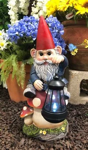 Large Whimsical Gnome On Toadstool Mushroom With Solar LED Lantern Light Statue - Picture 1 of 5