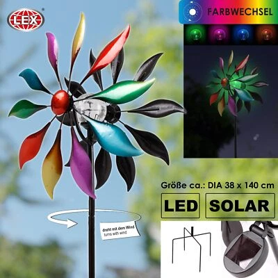 Windrad Windspiel Metall mit Solar LED Glaskugel Metall bunt Erdspieß Gartendeko - Bild 1 von 2