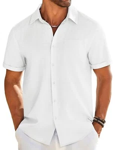 Mens Casual Linen Shirt Short Sleeve Button Down Shirt Summer Beach Shirts wi... - Picture 1 of 6