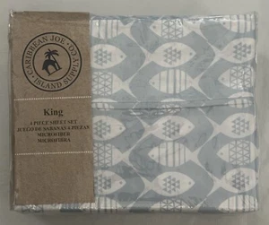 KING 4 PIECE SHEET SET TROPICAL FISH LT BLUE & WHITE FITTED FLAT & 2 PILLOWCASES - Picture 1 of 7