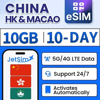 JetSim Travel eSIM for China, Hong Kong, & Macao (10 Days) - Image 1 of 4