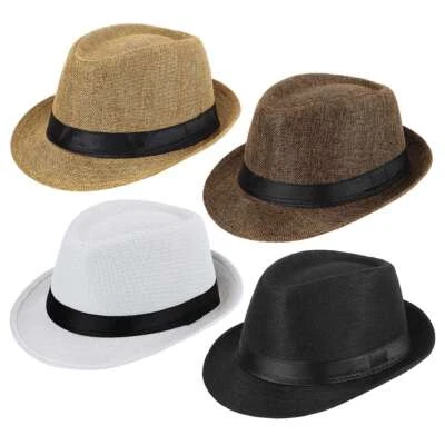 Men Women Straw Jazz Fedora Hat Summer Trilby Cuban Sun Cap Panama Short Brim - Image 1 of 4