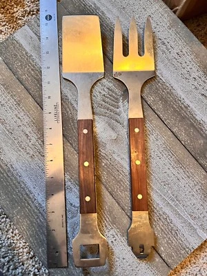 Vintage Stainless Grill BBQ Meat Fork, Spatula & Bottle Opener - Wood Handle - Image 1 of 4