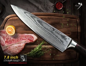 Cuchillo de chef japonés acero Damasco 7,8" utensilios de cocina cubiertos mango de madera - Imagen 1 de 8
