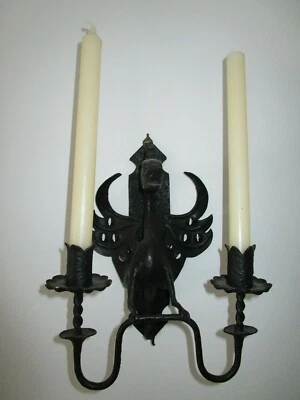 Antique French Gothic- Black Metal - 2 - Candle "Dragon" Wall Sconce - Image 1 of 4