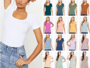 Women's Basic T-Shirt Scoop Neck Cotton Short Sleeve Solid Knit Plain Top Fitted - Picture 1 of 43