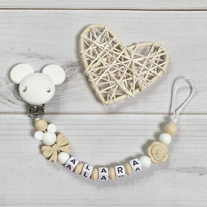 Schnullerkette SilikonNuckelkette mit Namen beige weiß Mädchen Maus Rose - Bild 1 von 1