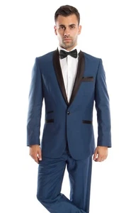 Men's Slim Fit One Button Black Satin Shawl Lapel Collar Tuxedo Suit Prom Groom  - Picture 1 of 19