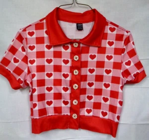 Women's SHEIN Short Sleeve Polyester Crop Top RED Button Up HEART Shirt ~ Size S - Picture 1 of 6