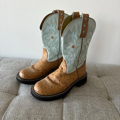 ARIAT Ostrich Print Leather Stars Western Cowgirl Womens Work Ropers Boots Sz 6B - Image 1 of 4