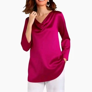 NEW-TALBOTS Stretch Silk Draped Neck 3/4 Sleeve Beautiful Tunic Blouse size 10 - Picture 1 of 13