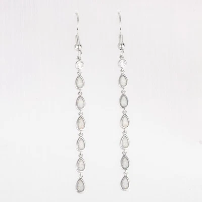 Multi Pear Shape White Fire Opal CZ Silver Jewelry Dangle Drop Earrings - Image 1 of 4