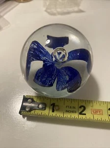 Glass Ball Paperweight With Blue Flower - Picture 1 of 7