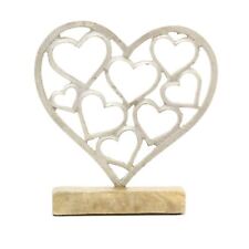 Elegant Silver Metal Love Heart Ornament |Hearts Sculpture on Wooden Base 