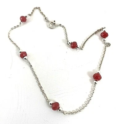 Handmade ~ Sterling Silver .925 Ruby Red Glass  9 1/4"  Anklet Ankle Bracelet - Image 1 of 4