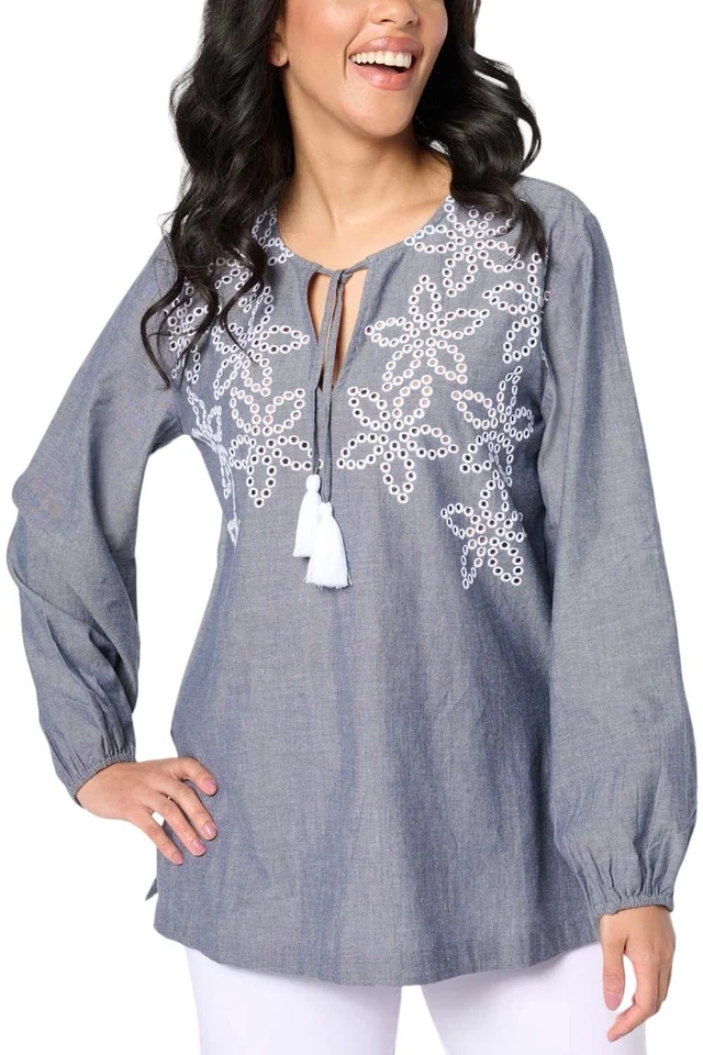 Túnica Dennis Basso Cambray con Bordado de Ojales Azul Marino/Blanco Foto 1 de 1