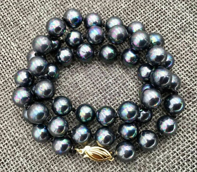 Genuine 8/10/12mm Black Shell Pearl Round Beads Necklace 18'' AAA+ - Image 1 of 4
