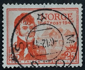 1947 Norway 300th Anniversary Mail Service 25 ore orange stamp cancelled Moss - Picture 1 of 2