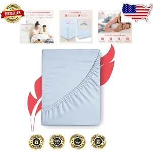 Soft & Cool Egyptian Cotton King Fitted Sheet - 16" Deep Pocket, Light Blue - Picture 1 of 10