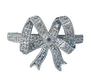 14k Solid White Gold Ribbon Bow Tie Ring with Diamond - Size 8.5 - Picture 1 of 4