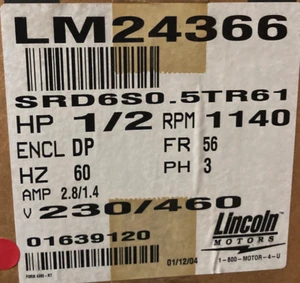 LM24366 LINCOLN ½ HP 1140 RPM DP 2.8/1.4 AMP 3 PH 56 FR 230/460V - Picture 1 of 1
