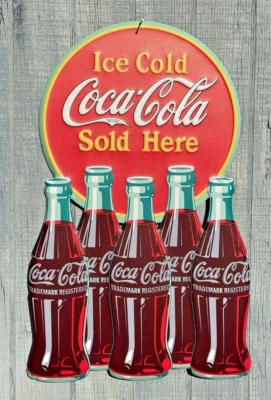 Ice Cold Classic Coke Glass Bottle SOLD HERE Coca-Cola METAL Hanging Sign 15x24" - Image 1 of 4