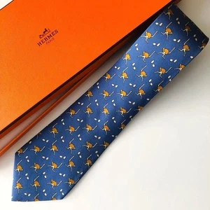 HERMES Tie Animal Pattern Gray Blue - Picture 1 of 9