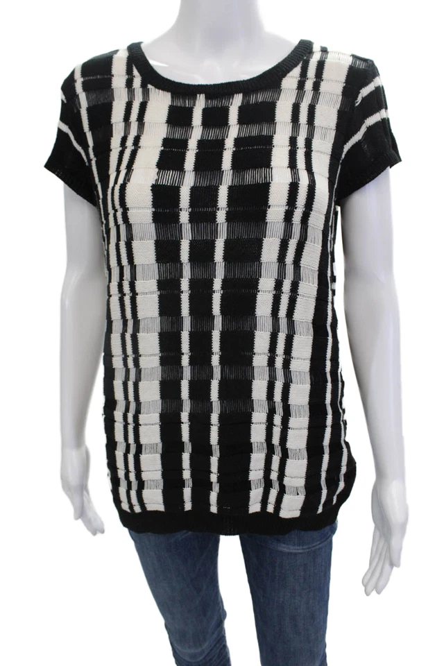 Top tejido a rayas Bailey 44 para mujer manga corta cuello redondo negro blanco talla mediana Foto 1 de 4