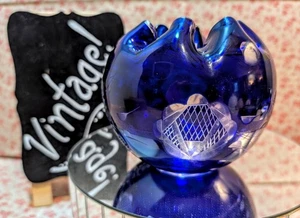 Vintage~Cobalt Blue Cut to Clear~Pinch Crimped Ruffled Rim~Rose Candle Bowl~4" - Picture 1 of 18