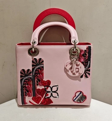 Dior Lady D-Lite Medium  Pink & Red Embroidered Leather Top Handle Bag（24*20*12） - Image 1 of 4