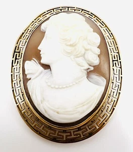 Spilla ciondolo donna cammeo conchiglia filigrana grande oro giallo massiccio 10 kt vintage - Foto 1 di 9