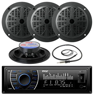 4x Pyle 5.25" Marine Speakers, Antenna, Pyle Black USB AM FM AUX Marine Radio - Picture 1 of 5