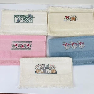 Vintage 90s Handmade Completed Cross Stitch Finger Towels Terry Cloth Lot of 5 - Picture 1 of 7