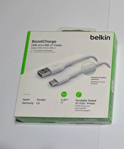 NEW Original White Belkin Boost Charge Braided USB-A to USB-C Cable 3.3ft/1M - Picture 1 of 7